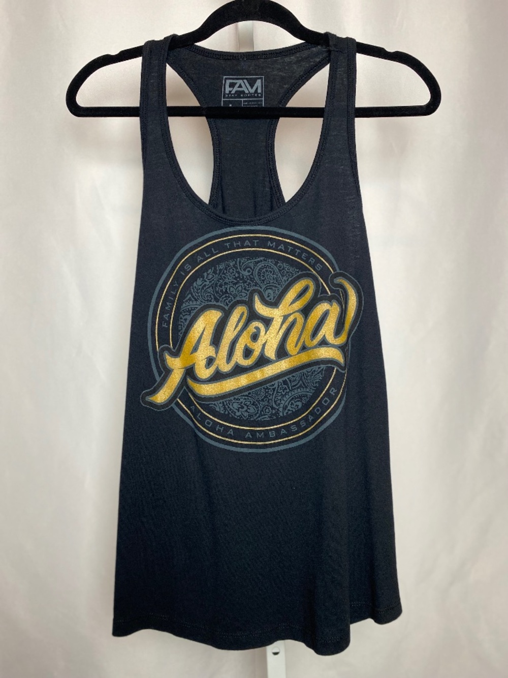 FAM Hawaii Womenʻs "Aloha" Black Racer Back Tank Top Large